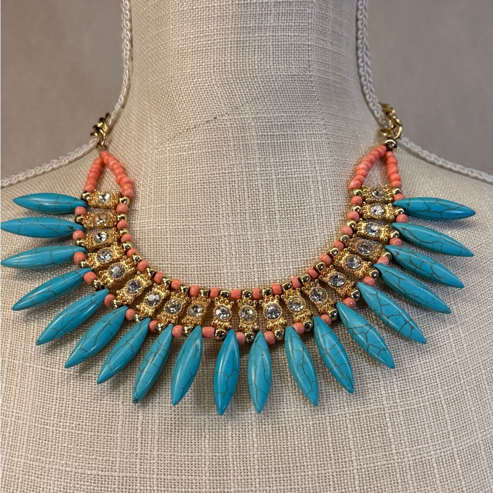 Nefertiti Egyptian faux Turquoise Coral Gold and Rhinestone Statement Necklace